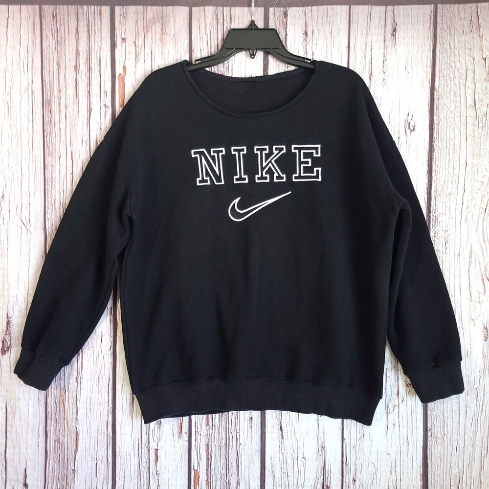 Nike Men L Black Roll Neck Collegeiate Pullover Sweatshirt Logo Cotton Fleece